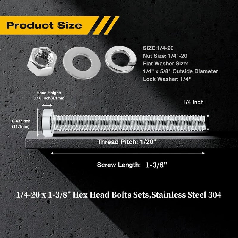 KATUNA (10Set) 1/4-20 x 1-3/8" Complete Set Hex Head Screw Bolts,Nuts,Fender Flat washers,Split Lock Washers,Fully Threaded, Stainless Steel 18-8（304）, Bright Finish. - Image 3